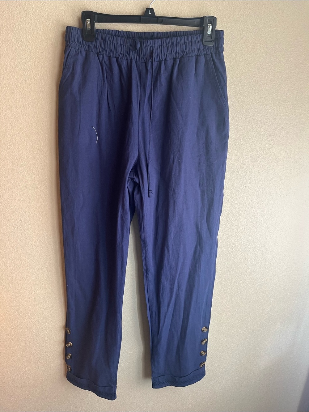 Women’s Navy Elastic-Waist Ankle Pants with Decorative Buttons